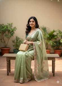 Sari de Diseño en Organza de Seda Pura, Detalle de Trabajo Artesanal Tradicional, Atuendo Étnico Cómodo para Eventos, Suministro Global Asequible - Product Image 2