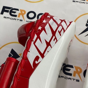 Top Selling Personalized Twins White Red Kickboxing <b>Kick</b> <b>Shields</b> Genuine Leather Protection Training Curved Leg Thai Pads - Product Image 3