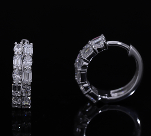 14K Gold Emerald Cut Lab Grown Diamond <b>Rhodium</b> Plated Hoop <b>Earrings</b> F VVS VS CVD Stones Elegant Luxury Women Jewelry - Product Image 2