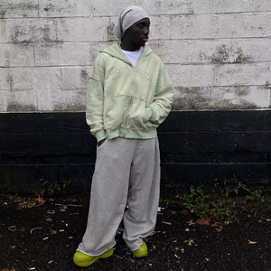 Streetwear vintage Y2K strass éponge français lavé à l'acide soleil fané poids lourd fermeture éclair personnalisé sweat à capuche surdimensionné pour hommes - Product Image 3