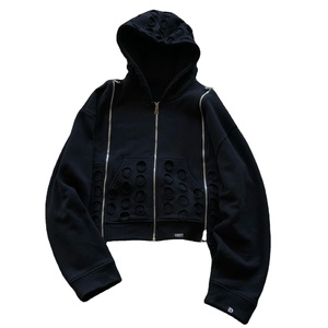 Sudaderas con capucha personalizadas de algodón de peso pesado con cremallera de rizo francés y manga desgastada lavada con ácido con cremallera completa para hombres con estilo único - Product Image 3