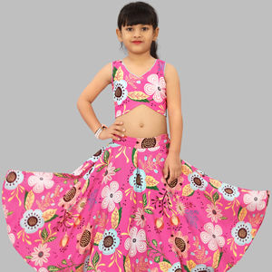 ชุดเลเฮนกาโชลีลายดอกไม้สีชมพูแบบยาวพื้นผ้าแห้งเร็ว สไตล์ท้องถิ่นสำหรับเด็กผู้หญิง ชุด 2 ชิ้น แฟชั่นโชรยัม - Product Image 1