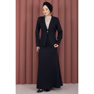 Conjunto de Dos Piezas de Blazer y Falda Azul Marino, Estilo Formal y Casual con Decoración de Botones - Product Image 1