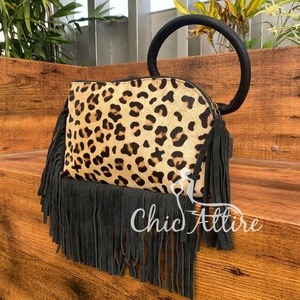 Women's Genuine Hair-On Animal Print <b>Ring</b> Handle Wristlet Clutch Bag with Tassel Phone Bag Cowhide Leather Fringe Bangle Handbag - Product Image 1