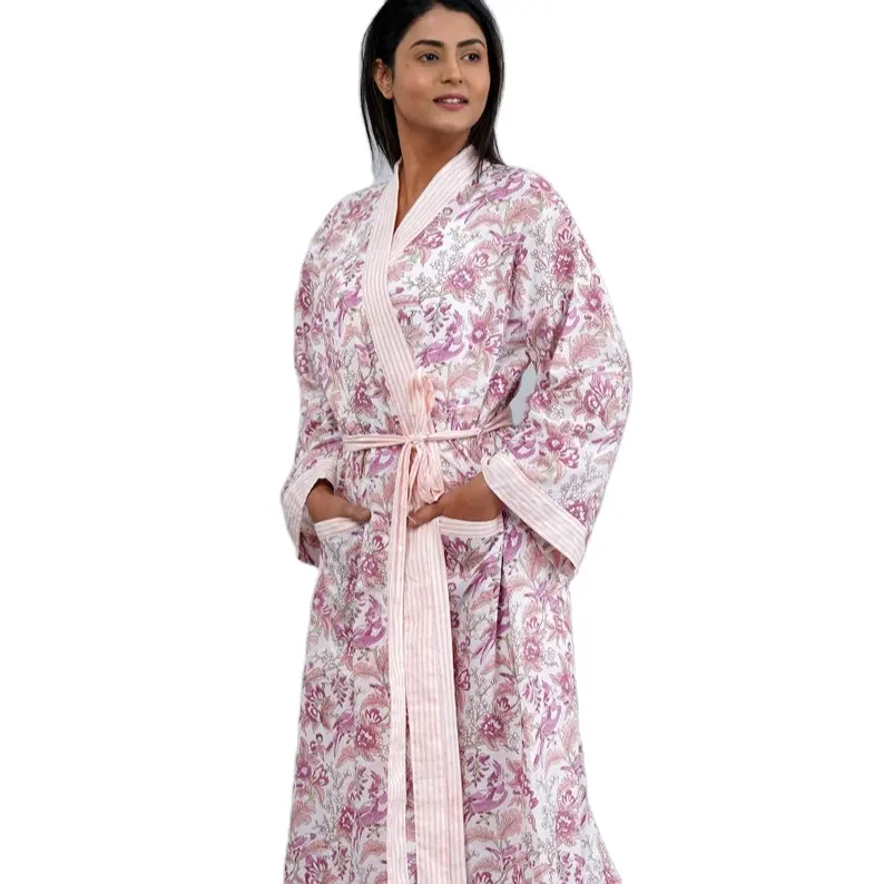 Salmon Pink Kimono Block print Cotton Long Kaftan Beach Wear Tunic Bikini cover up Kimono Robe Maxi Plus Size Gown