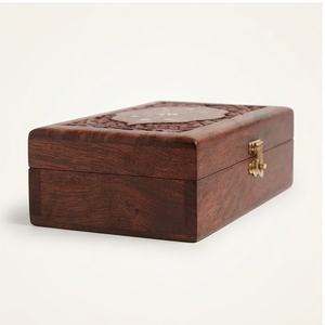 Boîte à bijoux rectangulaire en bois d'acacia avec motif oriental sculpté, à un seul niveau, multifonctionnelle, gain de place, pour la chambre à coucher - Product Image 2