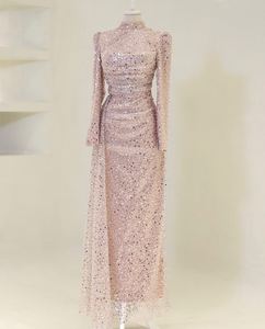 <b>Light</b> Pink Luxury Evening Dress Full Sequins Long Sleeves Strapless Collar Mermaid Silhouette Built-in Bra Handmade Embroidery - Product Image 1
