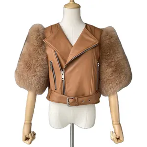 Ladies Short Real Sheep Leather Jacket with Fox Fur Wholesale Custom Motorcycle Cropped Sheepskin Genuine Leather Jacket Women