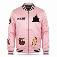 Blouson Bomber Personnalisé Homme MA-1 Satin Rose Pâle Noir Patchs Chenille Doublure Sublimée Logo Personnalisé OEM Streetwear