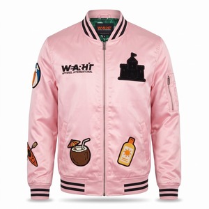 Blouson Bomber Personnalisé Homme MA-1 Satin Rose Pâle Noir Patchs Chenille Doublure Sublimée Logo Personnalisé OEM Streetwear - Product Image 1