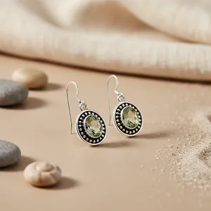 Boucles d'oreilles pendantes vintage en argent 925 avec améthyste verte, plaquées or avec diamants et zircon pour mariages et fêtes - Product Image 2