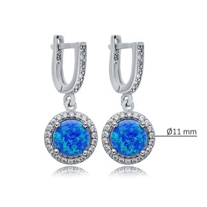 Boucles d'oreilles pendantes en opale bleue taillée rondement, avec design en CZ, vente en gros, bijoux turcs faits à la main en argent sterling 925 - Product Image 2