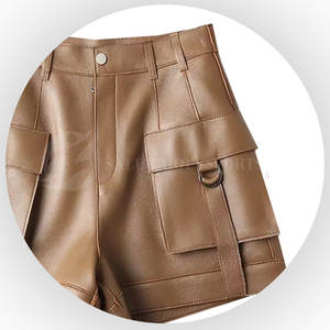 Pantalones cortos de cuero genuino de cintura alta con falda de mujer de cuero de bolsillo frontal de embalaje personalizado - Product Image 6