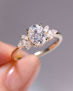 10x8mm Oval Cut <b>CZ</b> Engagement <b>Ring</b> with Marquise Side Stones Gold Floral Cluster Bridal Wedding Anniversary Jewelry - Product Image 2