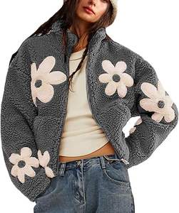 Femmes imprimé fleuri Sherpa polaire veste hiver recadrée manteau fermeture éclair à manches longues vêtements d'extérieur décontractés toile haute rue poches - Product Image 2
