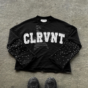 Vintage Distressed Washed Thick Cotton T Shirts Men Customized Screen Printing Logo Double Layer Long Sleeve Rhinestone T-Shirt - Product Image 2
