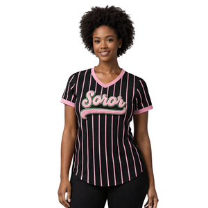 Jersey de Béisbol Negro para Hermandad Universitaria, Jersey Informal y Elegante para Mujeres de Hermandad Griega en Rosa y Verde - Product Image 1
