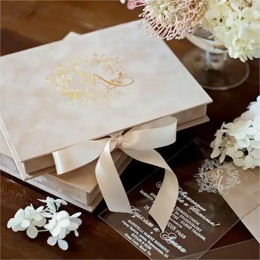 Convites de casamento com veludo personalizado, caixa bege para casamento, atacado, elegante, acrílico de seda, convite de luxo