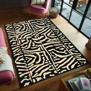 Zebra Print <b>Rug</b>: Beige & Black Animal Pattern, Modern Safari Decor,<b>Chenille</b> <b>Rug</b> - Product Image 1