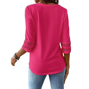 Chemise décontractée pour femme à manches trois quarts, col rond, coupe régulière, avec détails en dentelle, coupe ajustée, élégante pour le printemps, mode quotidienne - Product Image 2
