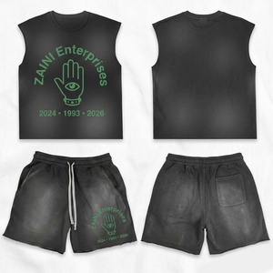 Ensemble court sans manches pour femme en jersey de coton premium 300 GSM, short noir délavé, logo personnalisé imprimé, tenue décontractée d'été - Product Image 1
