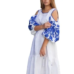 Женское элегантное вышитое однотонное платье с короткими рукавами, украинское платье с вышивкой