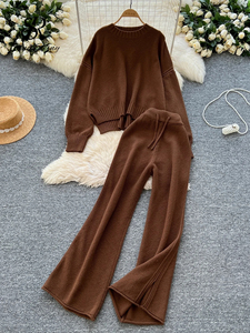 Automne femme décontracté vêtements de détente ensembles solide pull élastique fendu Long pantalon haute rue pull ample maternité deux pièces costumes - Product Image 4