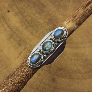Anillo bohemio de Plata de Ley 925 más vendido, joyería única de plata larga para mujer con labradorita natural y piedras preciosas de diamantes - Product Image 1