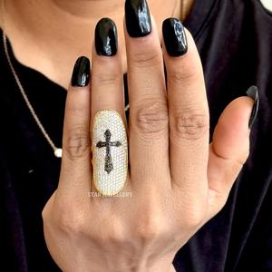 14K oro sólido Pave Set diamante natural único diseñador Cruz anillo. - Product Image 3