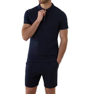 Prix de gros personnalisé votre propre logo manches courtes col rabattu avec fermeture éclair couleur bleu foncé coupe ajustée vêtements d'été respirant - Product Image 2