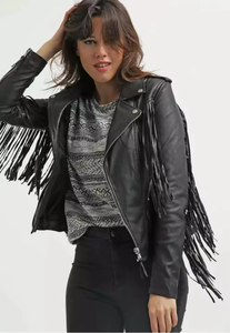 Chaqueta de Cuero Auténtico Estilo Brando Negra para Mujer con Flecos Largos, Chaqueta de Cuero Moderna en Color Sólido - Product Image 4