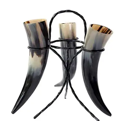 Set produsen dari 3 Mug bir tanduk minum Viking Wine/Mead Stein Stand logam asli terinspirasi dari Abad Pertengahan