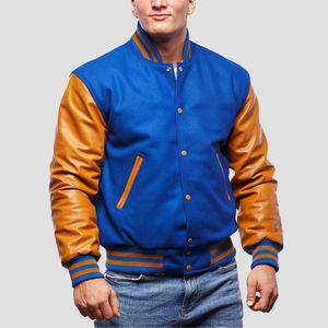 Royal Blue Tan Chaqueta universitaria para hombre Lana Letterman Bomber College Baseball con cuello levantado Transpirable Ribbed Trim Front Logo - Product Image 1