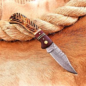 Couteau utilitaire à lame pliante en acier de Damas, manche en bois d'os, étui de transport vertical, poche EDC, chasse, camping, pointe de chute - Product Image 3