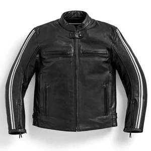 Chaqueta de moto de cuero negro genuino para motociclistas con mangas a rayas Chaqueta de moto de cuero de pista protegida blindada CE para hombres - Product Image 3