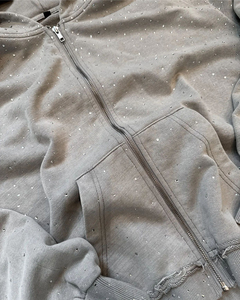 Nouvel Arrivage – Sweat à Capuche Zippé Style Vintage Délavé à l'Acide, Design Personnalisé Entièrement Orné de Strass, Bas Effet Vieilli, Homme, Automne, 100% Coton - Product Image 4