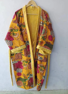 Hecho a mano estilo Kantha indio acolchado Algodón puro bata de mujer cómoda ropa de noche térmica cordón estampado de frutas verano - Product Image 4