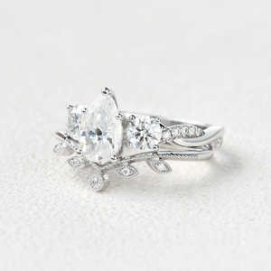 925 Sterling Silver <b>Gold</b> Plated Moissanite Pear Cut Prong Setting Twisted Engagement <b>Ring</b> Set 4gm <b>Vintage</b> Style Women's Wedding - Product Image 2