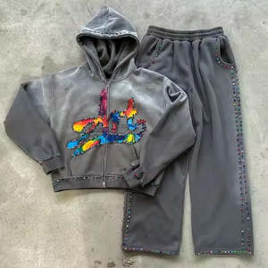 Kivotech เสื้อฮู้ดมีซิปสำหรับติดตามเหงื่อกางเกงทรงหลวม100% ซีดด้วยกรดชุดวอร์มผ้าฝ้ายไซส์ใหญ่พิเศษปัก3D โลโก้ได้ตามต้องการ - Product Image 2