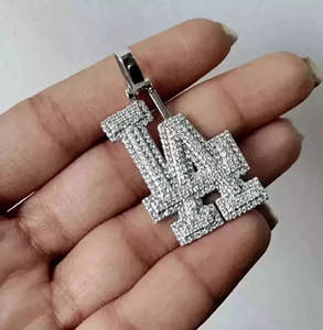 Mos <b>Angeles</b> LA Themed Pendant Brilliant Cut Moissanite Rhodium Plated 925 Sterling <b>Silver</b> Unisex Hip-Hop Style <b>Necklace</b> Perfect - Product Image 2