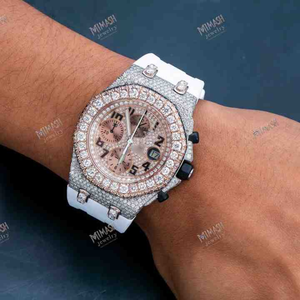 Nouveau Haute Qualité Exquis Rose Ton Cadran Blanc Ceinture En Caoutchouc glacé Moissanite Diamant Montre Hip Hop Bijoux - Product Image 3