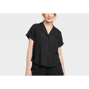 Camicia Nera in Lino da Donna con Motivo Geometrico Semplice, Bottoni in Pizzo, Maniche Corte, Taglie M, XL, 4XL - Ideale per Primavera/Estate - Product Image 2