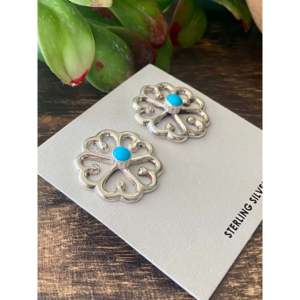 Victor Pena Kingman Turquoise Sterling <b>Silver</b> Flower <b>Stud</b> <b>Earrings</b> Bezel <b>Set</b> - Product Image 3