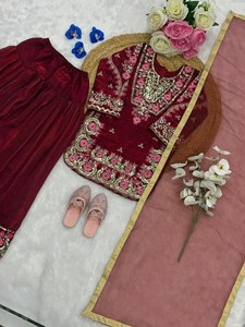 Kids Maroon Velvet Pakistani Salwar Kameez Girls <b>Eid</b> Wedding Wear Embroidered 3Pc Designer Suit With Dupatta - Product Image 5