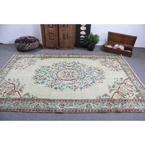 Tapis vintage 5,9 x 9,1 pieds, tapis turc, tapis en laine vert à motifs floraux - Product Image 3