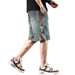 Shorts en jean pour homme avec logo personnalisé, nouvelle collection, motif uni, coupe ample, lavage intensif, décontracté, couture, fermeture à cordon - Product Image 1