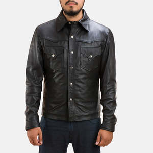 เสื้อเชิ้ตหนังลำลองทรงเข้ารูปสีดำสำหรับผู้ชาย-Ranchson - Product Image 2