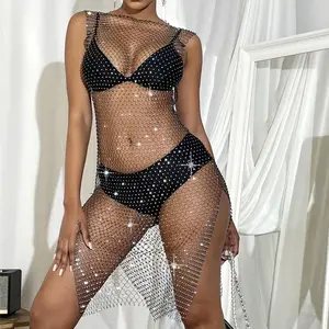 Hot Miami Styles Black Fishnet Dress with Rhinestone Cover Up Boho beach Dresses For Party women