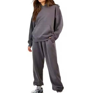 Conjunto de Chándal Largo de Punto Informal Sólido para Mujer, Personalizado, Súper Bonito, Mezcla de Algodón y Poliéster Gris Jaspeado, Cepillado - Product Image 1