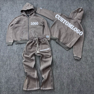 Ensemble de survêtement vintage streetwear pour homme, en coton 100% respirant, teint en pièce, avec patchwork et effet usé, ODM personnalisé - Product Image 3